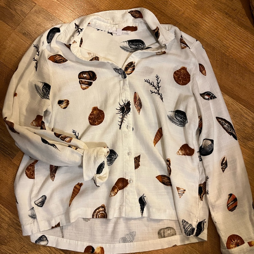 Jane and Delancey White Button Down Shirt with Brown and Black Accents